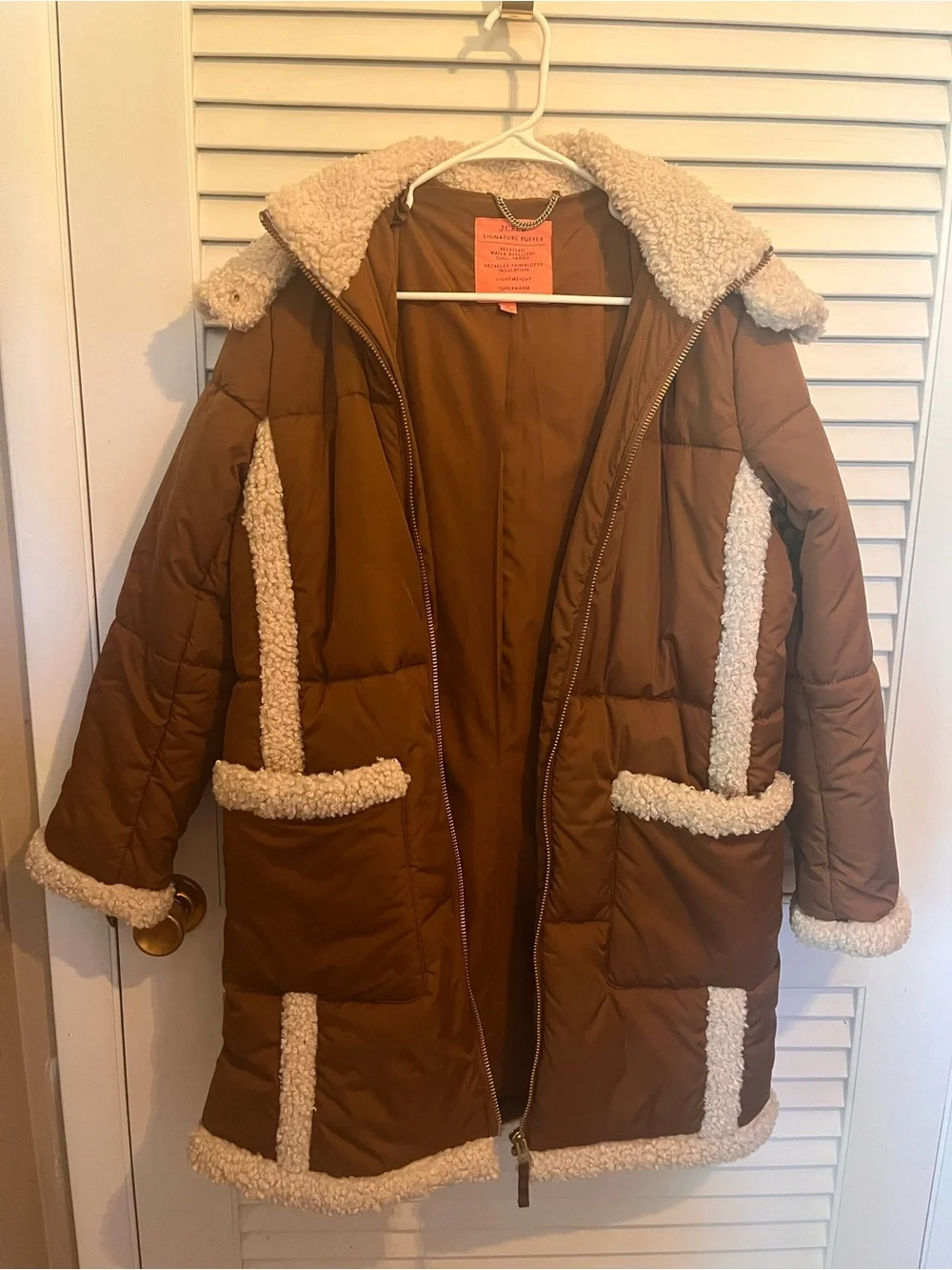 J. Crew Brown Puffer Coat with Cream Sherpa Trim